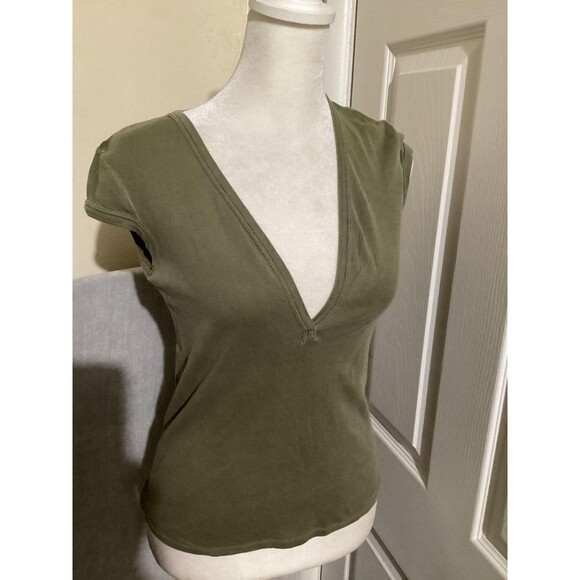 AG Adriano Goldschmied Shirt Womens Small Olive Deep V Neck Cap Sleeve Made USA - Picture 2 of 6